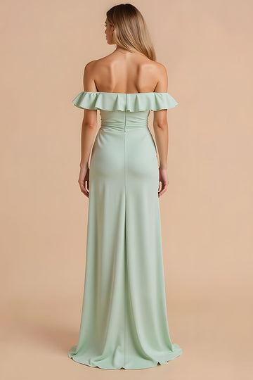 Off The Shoulder Sheath Light Green Bridesmaid Dress With Slit